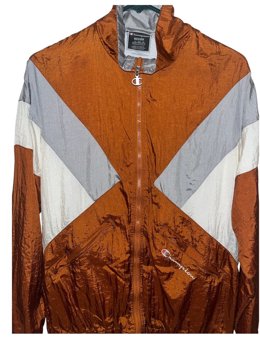 Champion Men's Rust Colorblock Windbreaker with Gray & White Panels